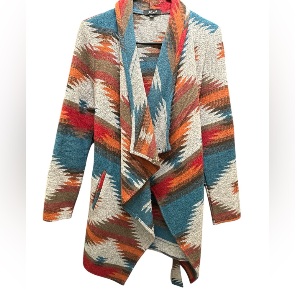 Aztec tribal print belted wrap coat